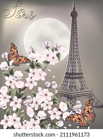 Eiffel Tower and cherry blossoms.Colored vector illustration with cherry blossoms and butterflies on the background of the eiffel tower.