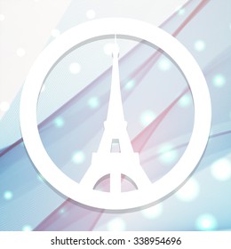 The Eiffel Tower in the circle, the sign of peace on blue background, vector illustration