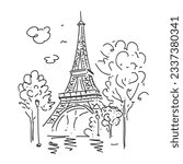 Eiffel Tower in the cityscape, trees and lanterns. Symbol of France. Vector illustration in a linear style.