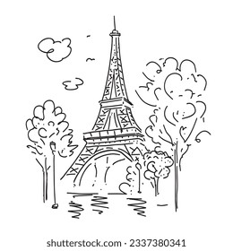 Torre Eiffel en el paisaje urbano, árboles y faroles. Símbolo de Francia. Ilustración vectorial en un estilo lineal.