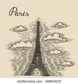 Eiffel Tower with clouds engraved style, Paris France architecture, hand drawn vector illustration