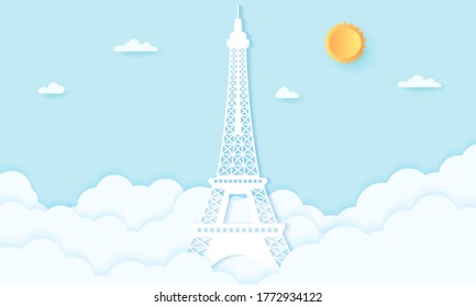 Torre Eiffel con nubes, estilo de arte de papel