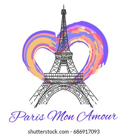Eiffel tower with colorful bright heart isolated on white background. Vector illustration