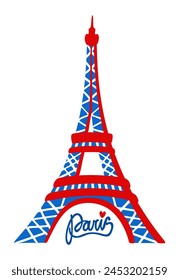 Eiffel tower in colors of french flag. Paris, France. Bright vector isolated illustration with lettering.