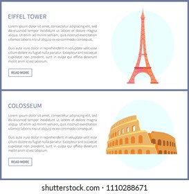 Eiffel Tower and Colosseum famous monuments of European cities, sightseeing on web pages with text sample, landmarks collection vector illustration