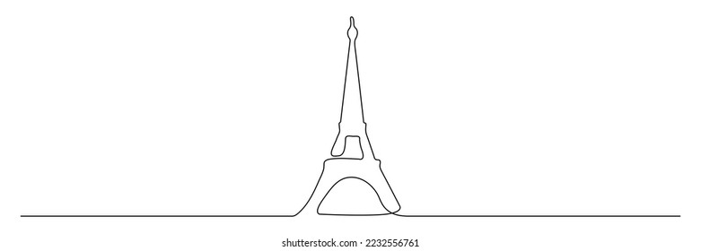 Torre Eiffel de línea continua dibujada en una línea. Vector aislado en blanco.