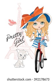 Eiffel tower and cute girl with bicycle vector illustration.