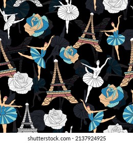 Torre Eiffel, Patrón Seamless de Bailando Niñas y Rosas. Fondo negro vector francés. Diseño de tejidos de época en tonos pastel