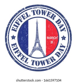 Signo o sello del Día de la Torre Eiffel sobre fondo blanco, ilustración vectorial