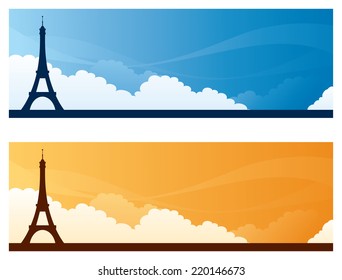 Eiffel Tower day and sunset sky banners with copy space.