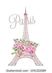 Eiffel Tower decorated with rose flowers and green leaves. Paris city of love. Watercolor vector