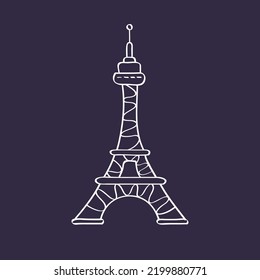 Icono de dibujo de la línea del doodle de la torre Eiffel en un fondo de tablero negro, ilustración vectorial del símbolo de París.