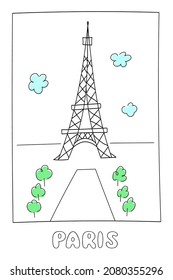 Eiffelturm doodle Vektorgrafik. Ort des Interesses an Paris.  Tourismus und Reise Grußkartenkonzept.