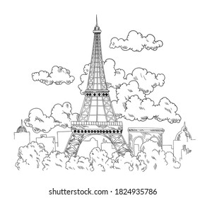 Torre Eiffel dibujada con pluma. Hermosa pancarta con el paisaje de la ciudad de París. Esbozo dibujado a mano con vistas al famoso monumento arquitectónico