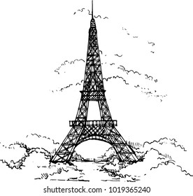 Eiffel Tower drawn in a simple sketch style. Isolated contour on white background. EPS8 vector illustration.