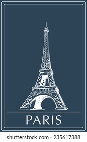 Eiffel Tower drawn in a simple sketch style. Isolated contour on dark blue background. EPS8 vector illustration