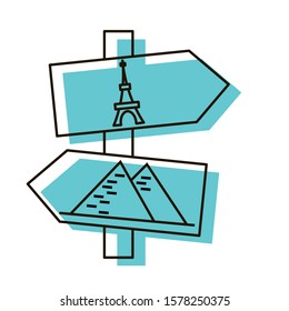 The Eiffel Tower and Egyptian pyramids directions arrows. Wonders of the World. Navigation object for tourists. Design element. Vector illustration. Icon with shadow isolated on white background.