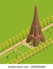 Eiffel Tower Famous Landmark of Paris Symbol. France Travel Business Concept Isometric View. Vector illustration of French Romance Monument