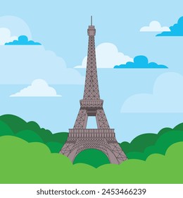 Eiffel Tower Famous Landmark of Paris Symbol France Travel Flat Style Design. Vector illustration