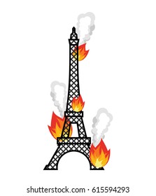 Eiffel Tower fire. Flame in Paris. Disaster