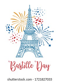 Eiffel tower   fireworks  Bastille Day design template  Hand drawn vector sketch illustration