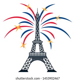 eiffel tower fireworks celebration happy bastille day flat design vector illustration