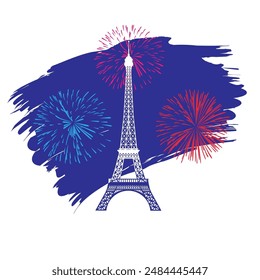 Torre Eiffel y fuegos artificiales, fondo de vacaciones francés. Día de la Bastilla, Francia concepto de Vector de viaje para la impresión de la camiseta o recuerdo