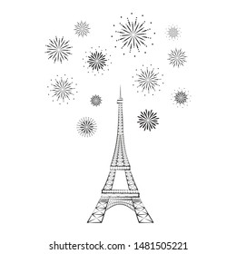 Eiffel Tower with fireworks icon. Paris festive background. Happy holidays in Paris. Paris travel. Monochrome black and white minimal illustration. Doodle sketch element Eiffel Tower.