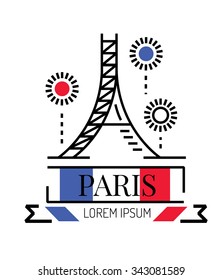 Eiffel tower with fireworks. line flat logo and icon design. vector 