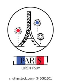 Eiffel tower with fireworks. line flat logo and icon design. vector 