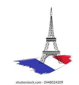 Eiffel tower with flag color. Hand drawn art vector illustration. 