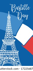 Eiffel tower   flag France  Bastille Day design template  Hand drawn vector sketch illustration