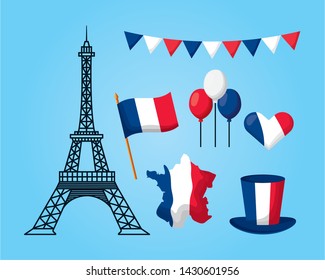 eiffel tower flag hat map balloons heart france happy bastille day vector illustration