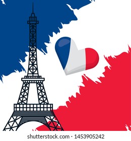 eiffel tower with flags of france happy bastille day flat design vector illustration