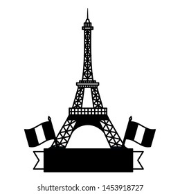 eiffel tower with flags of france happy bastille day flat design vector illustration