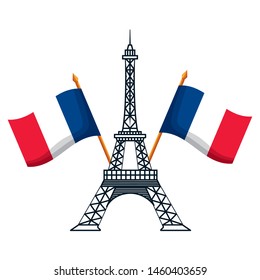 eiffel tower with flags of france happy bastille day flat design vector illustration