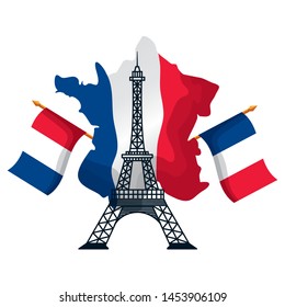 eiffel tower with flags of france map happy bastille day flat design vector illustration