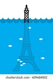 Eiffel Tower Flood. deluge in Paris. Plenty of water and fish. Disaster
