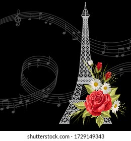 Eiffel Tower with flowers and music notes on black background.