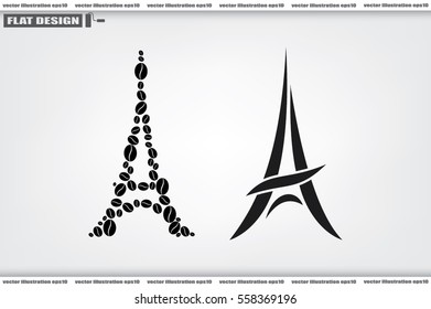 Eiffel tower in the form of coffee beans, vector illustration.