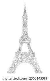 Eiffel Tower in the form of tangled doodles. Sketch. Vector illustration. Outline on isolated background. Paris landmark made of twisted curls. Hand drawn construction with a spire on the end. 