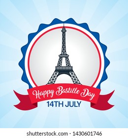 eiffel tower france badge happy bastille day vector illustration