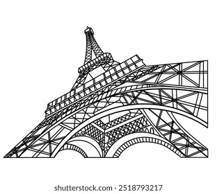 Torre Eiffel na França vista abaixo, esboço de linha de doodle, símbolo da França adesivo. Moderna gravura em um fundo branco. Ilustração, vetor.