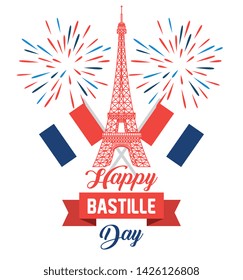 eiffel tower with france flags and fireworks