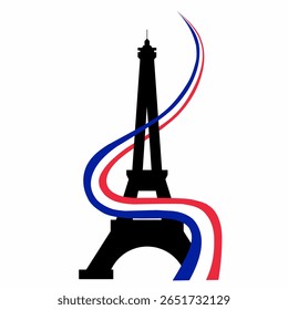 A Torre Eiffel na França, com a bandeira francesa. O edifício icônico mais famoso é a Torre Eiffel.