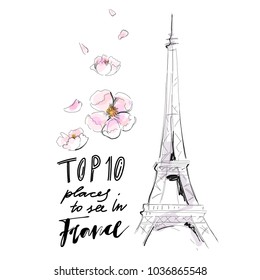 Eiffel Tower in France, Paris with pink flowers on white background vintage drawing for vector romantic greeting card, design invitation