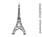 Eiffel tower in France straight view, doodle line sketch,