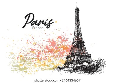 Eiffel tower in France straight view, line sketch,vector illustration engraving on a white background.