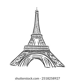 Torre Eiffel em França vista reta, desenho de linha de doodle,