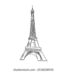 Torre Eiffel em França vista reta, desenho de linha de doodle,